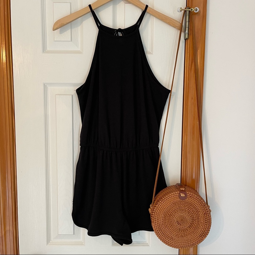 High Neck Tie Back Romper Black